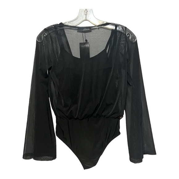 Nasty Gal Wrap Bodysuit Black Mesh Sheer Overlay Flare Sleeve Blouse Snap Size 4 - Picture 3 of 7